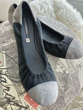 Alberto Fermani Black and Gray Suede Cap-Toe Ballet Flats
